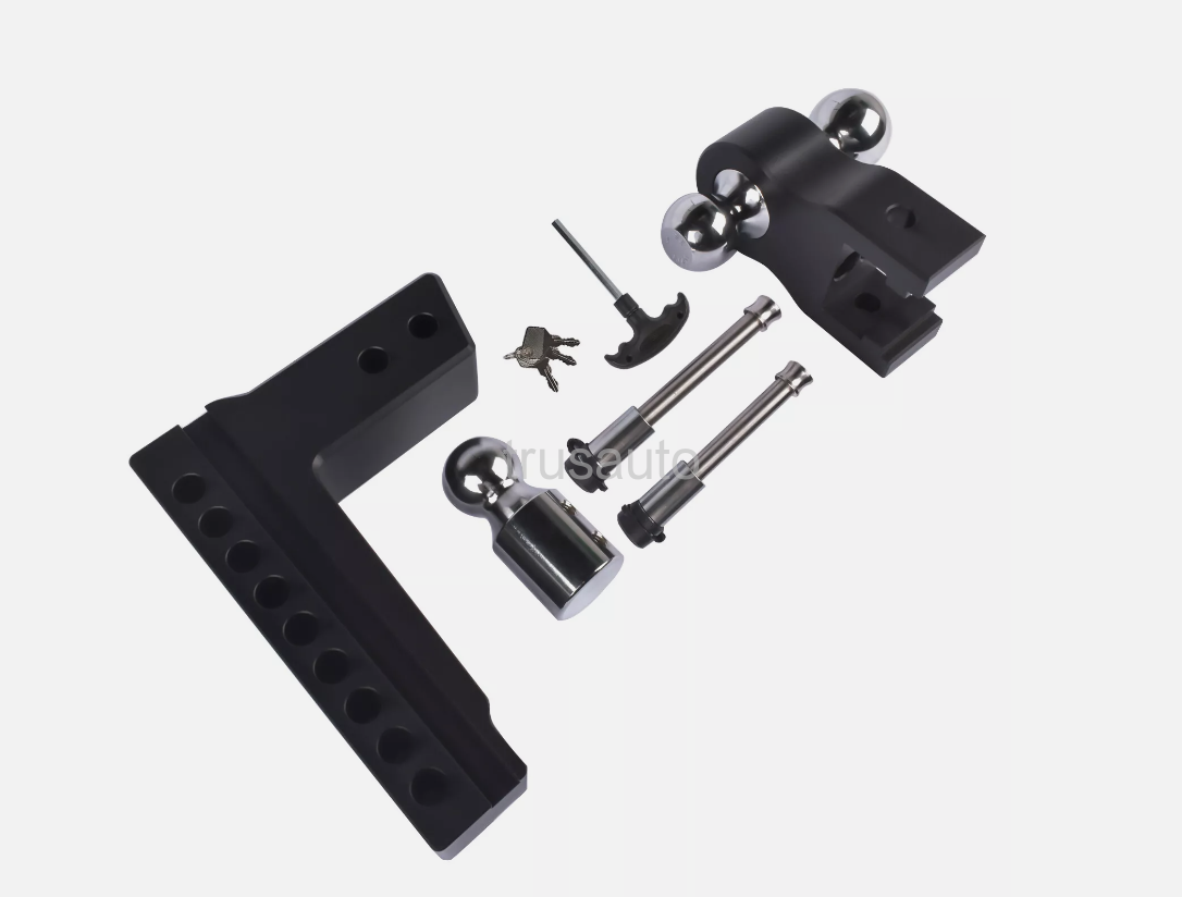Trailer Hitch Black Adjustable Trailer Hitch；Fits 2.5" Receiver； 8" Drop/Rise Heavy Duty Aluminum Drop Hitch； Tow Hitch；18500 LBS GTW； Tri-Ball (1-7/8" x 2" x 2-5/16") with Dual Pin Key Locks and a Wrench