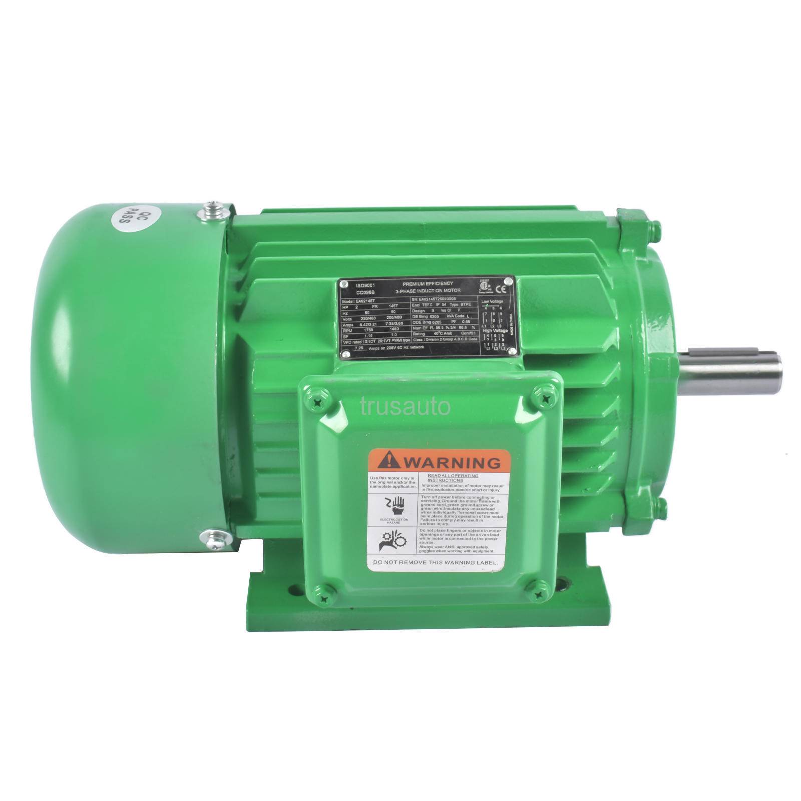 2 HP 3 Phase Electric Motor 1800 RPM 145T Frame TEFC 230/460V Premium Efficiency