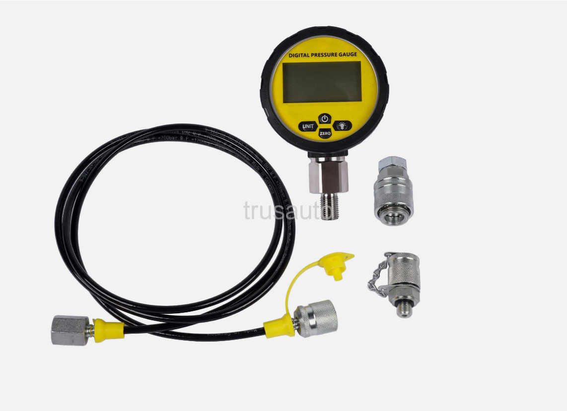 Digital Pressure Gauge, Intelligent Digital Pressure Gauge, Black Silicone Protector, Test Hose, Test Couplings, 4-digit LCD Screen, 10000PSI, 1/4 Inch NPT Connector