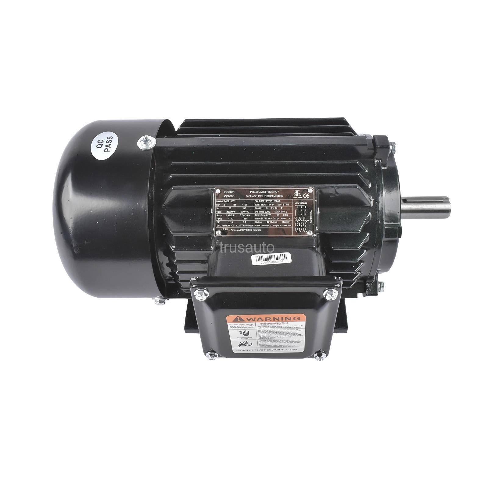 2 HP 3 Phase Electric Motor 1800 RPM 145T Frame TEFC 230/460V Premium Efficiency